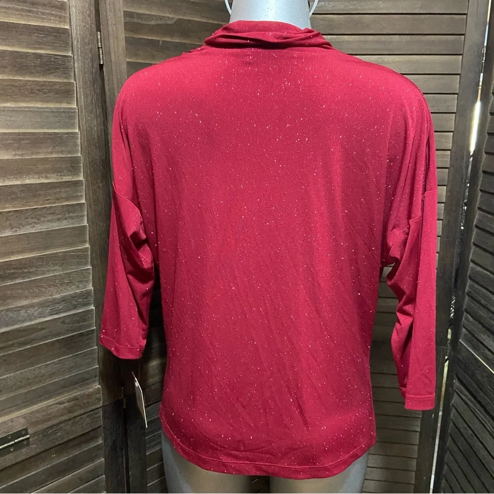 Ellen Tracy Red Draped Blouse Top V Neckline Sequined 3/4 Sleeve Lagenlook Party